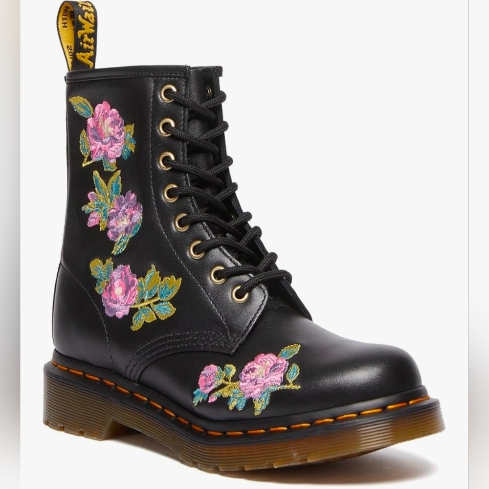 Dr. Martens Black Boots with Pink Floral Embroidery